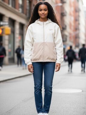Reebok Two-Tone Hooded Windbreaker in White & Tan Accents